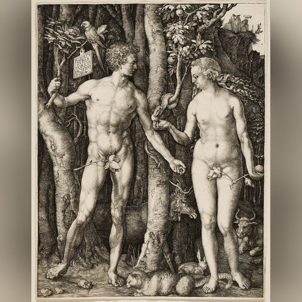 Vintage Art Print of Adam and Eve